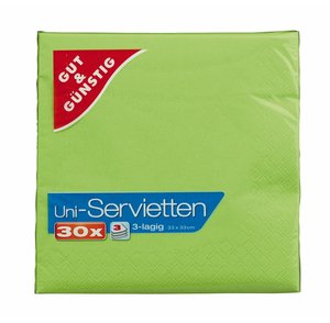 Gut & Günstig 30 hellgrüne Uni-Servietten 3-lagig 33x33cm - Épicerie Amazon Allemagne à 1.49€