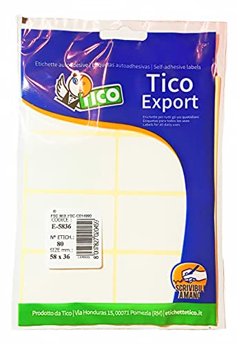 Tico Etichette adesive bianche in bustina, 58x36mm, 8... - Fournitures Bureau Amazon Italie à 2.25€