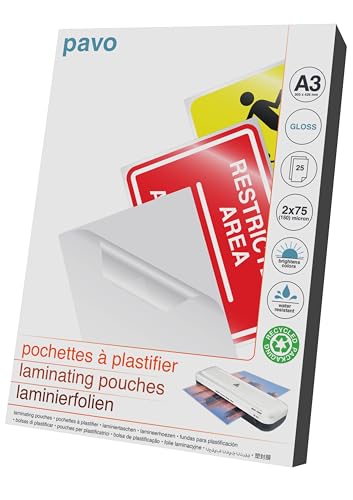 Pavo - Foglio di Laminazione A3 75/80 mic, 25 Pezzi - Lucido - Fournitures Bureau en promo à 5.59€