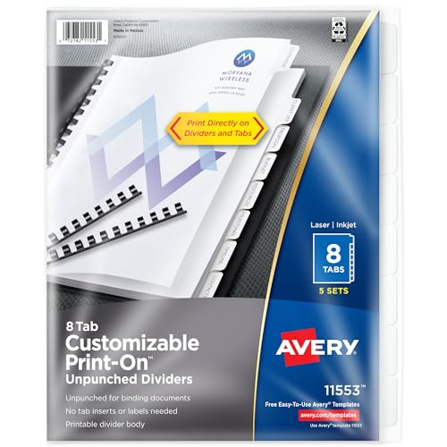 Avery non perforés Print-on Intercalaires, blancs, 8... en promo à 28,31€ (-32%) sur Amazon FR