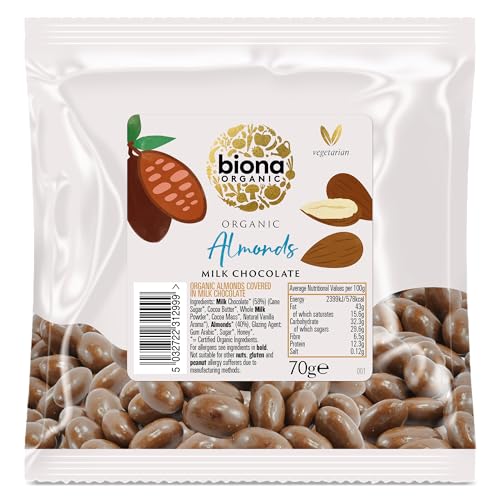 Biona Organic Milk Chocolate Covered Almonds 70g (Pack of 6) - Amazon Royaume-Uni à 4.29€