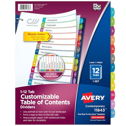 Avery 12 intercalaires pour classeur à 3 anneaux, table des... - Maison & Cuisine Amazon France à 3.87€
