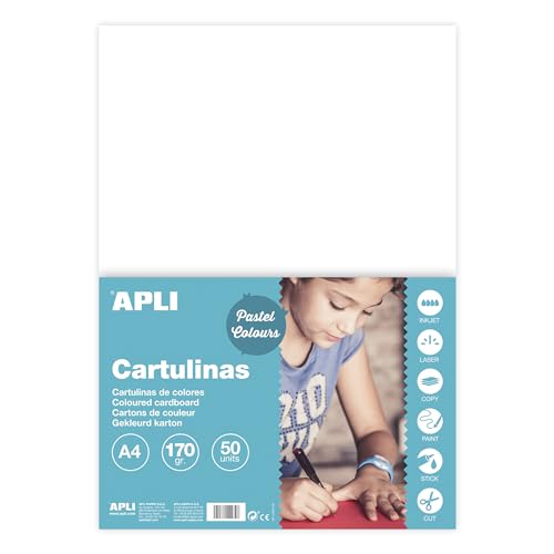 APLI 14229 Cartoncini Colorati Set da 50 Pezzi, Bianco, A4 - Bon plan à 4.00€