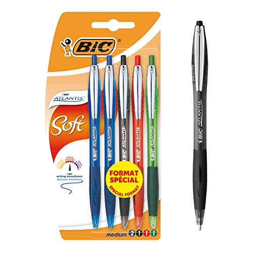 BIC Atlantis soft pack di 5 stylos-bille retrattile punta... - Fournitures Bureau en promo à 6.11€