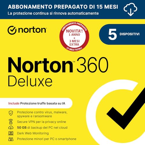 Norton 360 Deluxe 2026| Antivirus 5 dispositivi|15 mesi... - Auto & Moto Amazon Italie à 15.97€