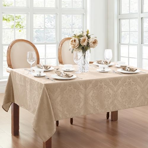 Elrene Damask Tablecloth, Polyester, Taupe, 60" x 84" Oblong - Maison & Cuisine en promo à 12.82€