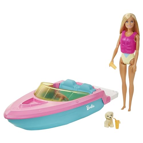 Barbie Speedboat Set, Barbiepuppe mit blonden Haaren, rosa... - Jouets & Jeux en promo à 28.99€