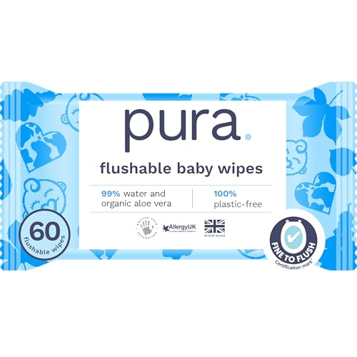 Pura Eco Flushable Baby Wipes - 1 Pack (60 Wipes) 100%... - Baby & Nursery Amazon UK à 1.33€