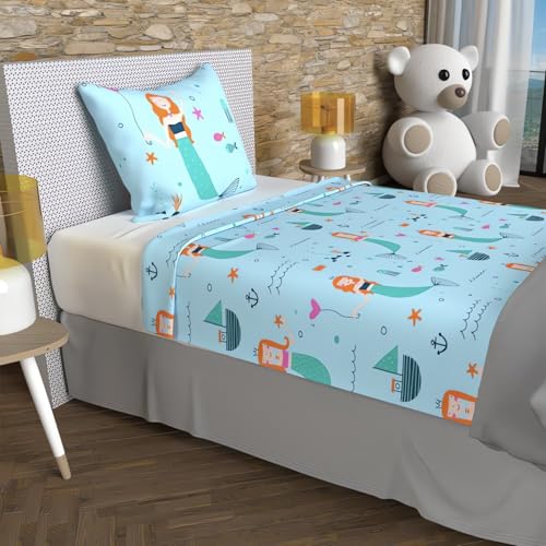 Soleil d'ocre, Bed Linen Set 180 x 290 cm Sirens Blue 100%... - Maison & Cuisine en promo à 10.28€