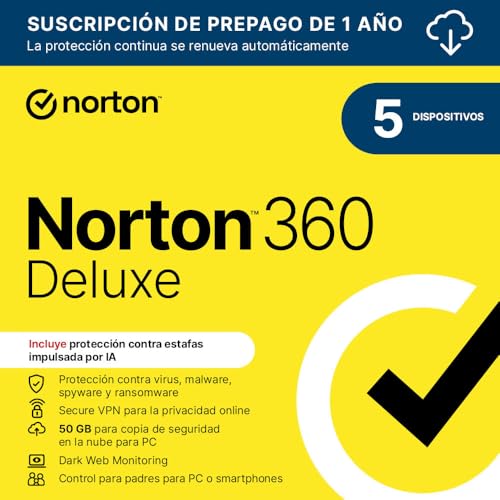 Norton 360 Deluxe 2025 |Antivirus 5 Dispositivos|1 año con... en promo à 19,83€ (-35%) sur Amazon ES