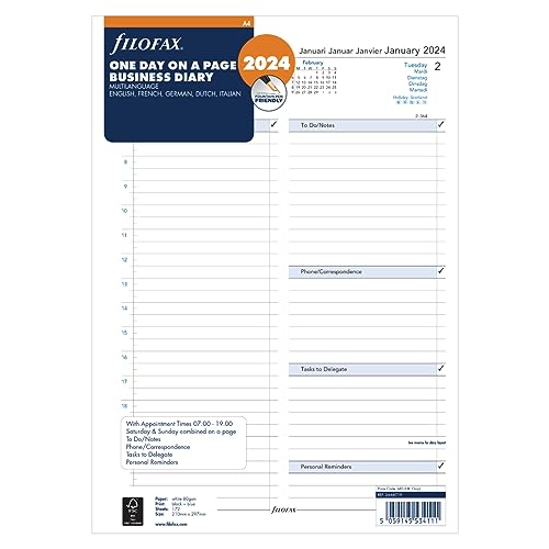 Filofax Agenda 2024 format A4 1 jour par page en 5 langues - Fournitures Bureau Amazon France à 18.37€