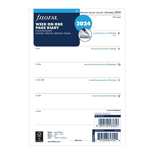 Filofax A5 Woche pro Seite 4 Sprachen 2024 Terminplaner - Fournitures Bureau Amazon Allemagne à 6.58€