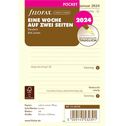 FILOFAX Kalendereinlage Pocket 1 Woche auf 2 Seiten cotton... - Fournitures Bureau en promo à 4.19€