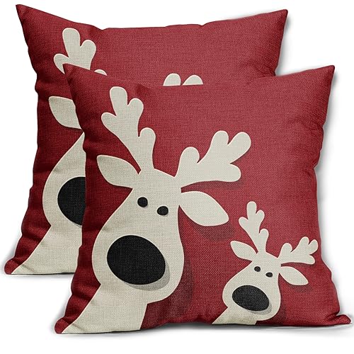Red Christmas Throw Pillow Covers 16x16 Set of 2 Xmas Deer... - Maison & Cuisine Amazon Royaume-Uni à 1.00€