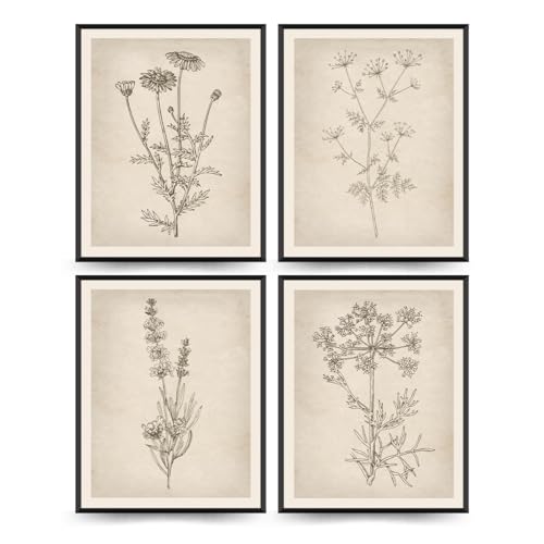 PLKMN Vintage Floral Wall Art Prints Set of 4, Neutral Boho... - Maison & Cuisine en promo à 1.00€