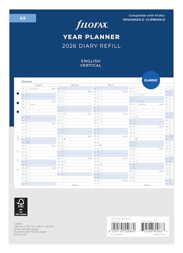Filofax Agenda vertical 2026 format A5 en anglais - Fournitures Bureau Amazon France à 13.23€