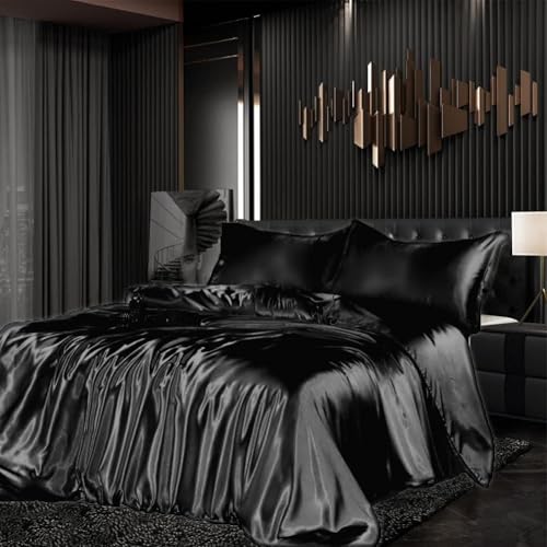Parure de lit 3 pièces en satin 200 x 220 cm - Noir... - Maison & Cuisine Amazon France à 24.85€