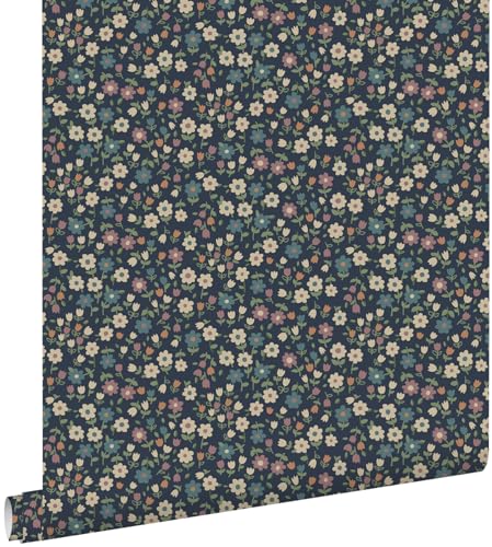 papier peint fleurs bleu foncé, rose lilas et vert grisé 50... - Jardin & Extérieur en promo à 3.00€