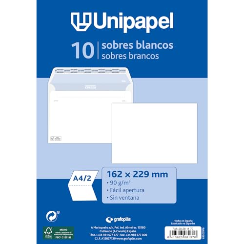 Unipapel Lot de 10 enveloppes en papier 90 g, blanches, 162... en promo à 3,25€ (-43%) sur Amazon FR