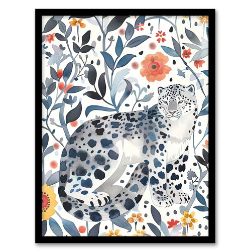 Artery8 Snow Leopard Blue Orange Floral Watercolour Living... - Nouvelle promo Amazon à 12.99€