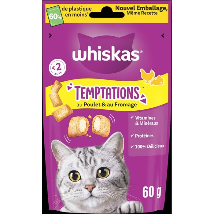Whiskas Temptations™ au Poulet et Fromage 60 g - Animalerie Amazon France à 1.55€