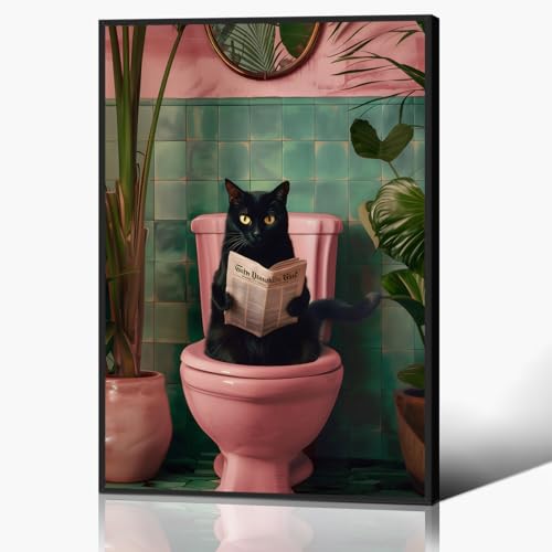 Funky Pink Canvas Wall Art, Black Cat Reading Newspaper on... - Animalerie Amazon Royaume-Uni à 1.30€