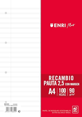 ENRI PLUS 90gr A4 Recambio, Paquete Pauta 2,5mm con margen... - Fournitures Bureau Amazon Espagne à 2.15€