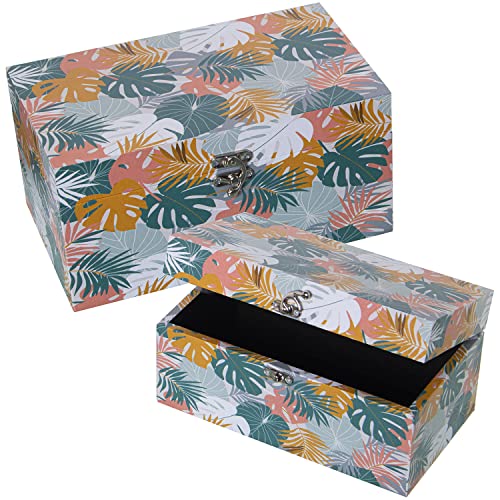 SET 2 CAJAS DECORADAS MADERA DM/LONA POLIÉSTER HOJAS... - Réduction -74% à 12.54€
