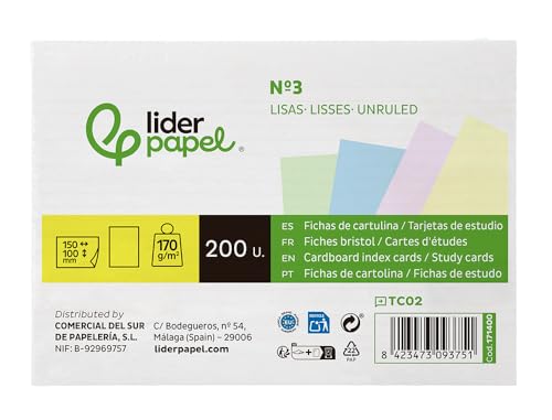 Lot de 200 cartes fiches Liderpapel pour étudier lisse... en promo à 4,68€ (-44%) sur Amazon FR