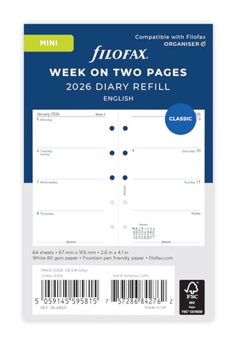 Filofax Mini week on two pages English 2026 diary 26-68121 - Amazon Royaume-Uni à 3.25€