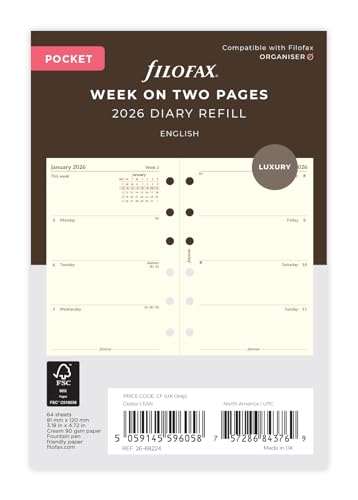 Filofax Agenda 2026 de poche 26-68224 - Semaine sur 2 pages... - Fournitures Bureau Amazon France à 14.95€