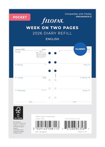 Filofax Agenda 2026 de poche 26-68221 semainier sur deux... - Fournitures Bureau en promo à 15.24€