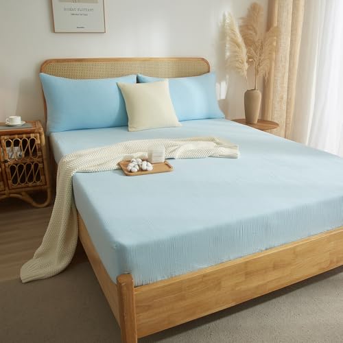 DXHOME Muslin Drap-housse 160x200cm Bleu Bleu clair... - Maison & Cuisine Amazon France à 43.06€