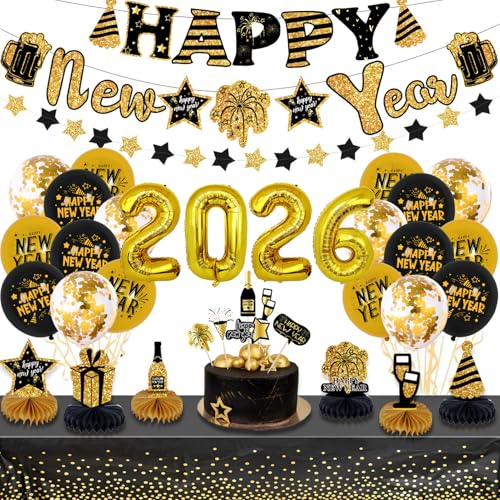 Silvester Deko 2026, Schwarz Gold Neujahr Silvesterdeko... - Maison & Cuisine en promo à 6.99€