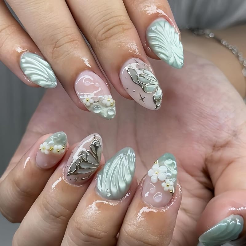 MouyouGlow Press on Nails Kurz,Almond Grün French 3D... - Jardin & Extérieur Amazon Allemagne à 1.99€