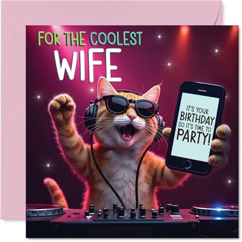 Wife Birthday Card - Party DJ Cat - Happy Birthday Card for... - High-Tech & Électronique en promo à 2.20€