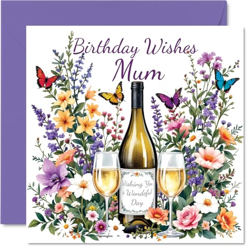 Mum Birthday Card - Flowers & Wine - Happy Birthday Card... - Jardin & Extérieur Amazon Royaume-Uni à 2.63€