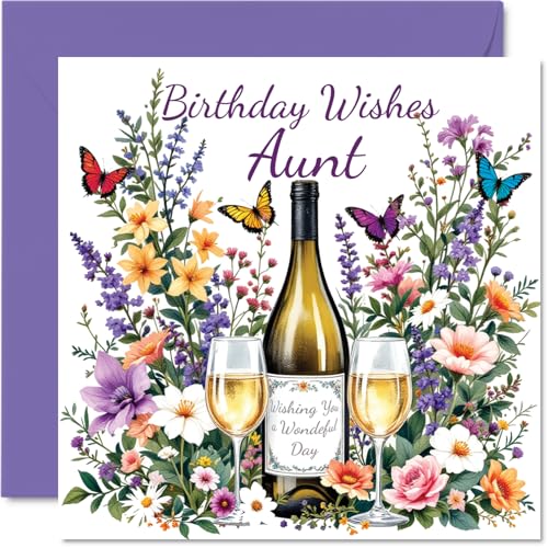 Aunt Birthday Card - Flowers & Wine - Happy Birthday Card... - Jardin & Extérieur Amazon Royaume-Uni à 2.30€